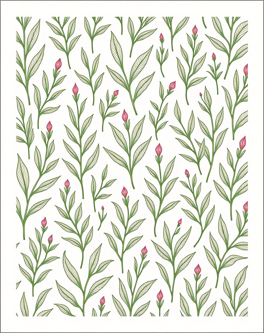 Delicate Green Leaf Pink Bud Pattern Rug