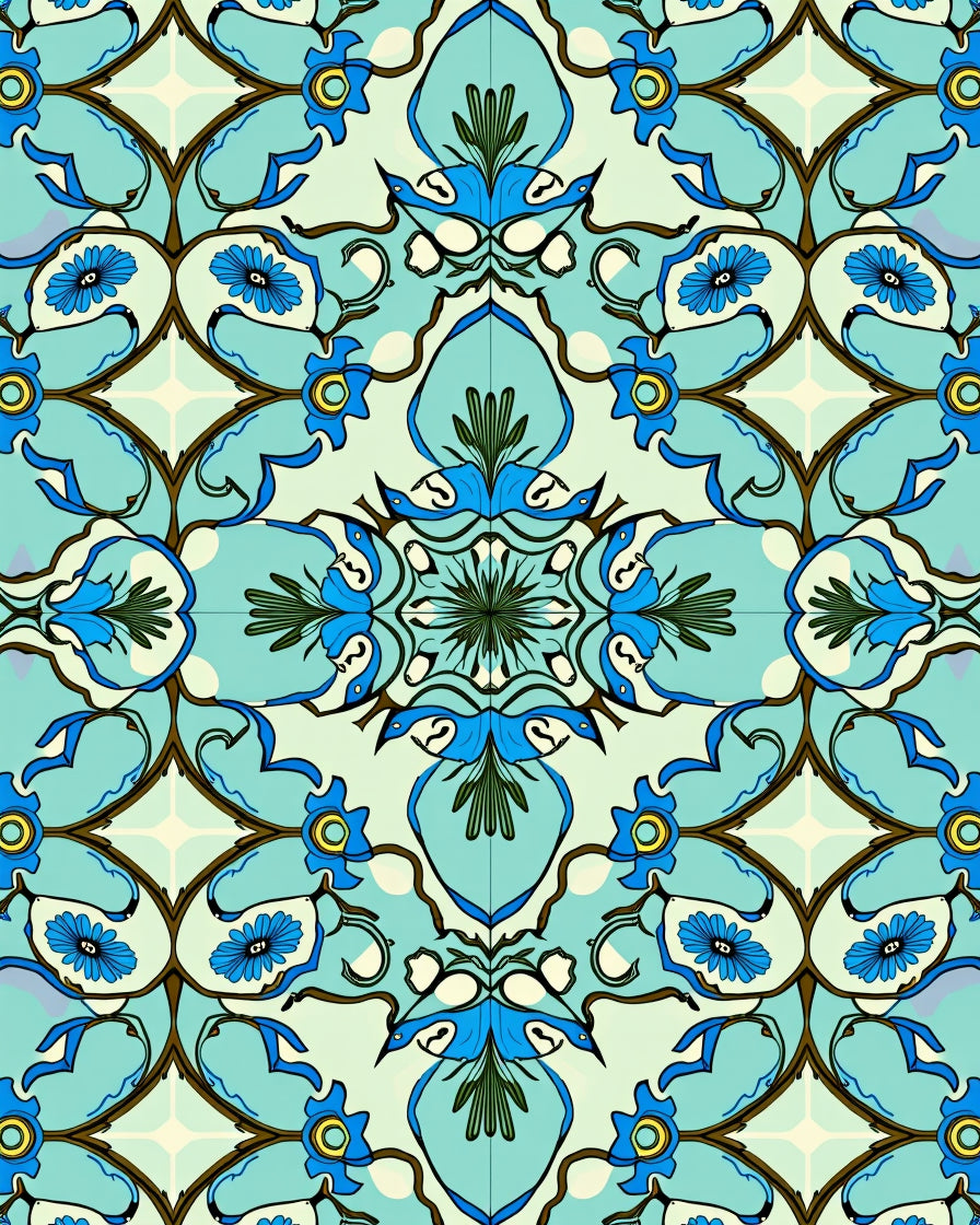 Blue Floral Scrollwork Pattern Rug