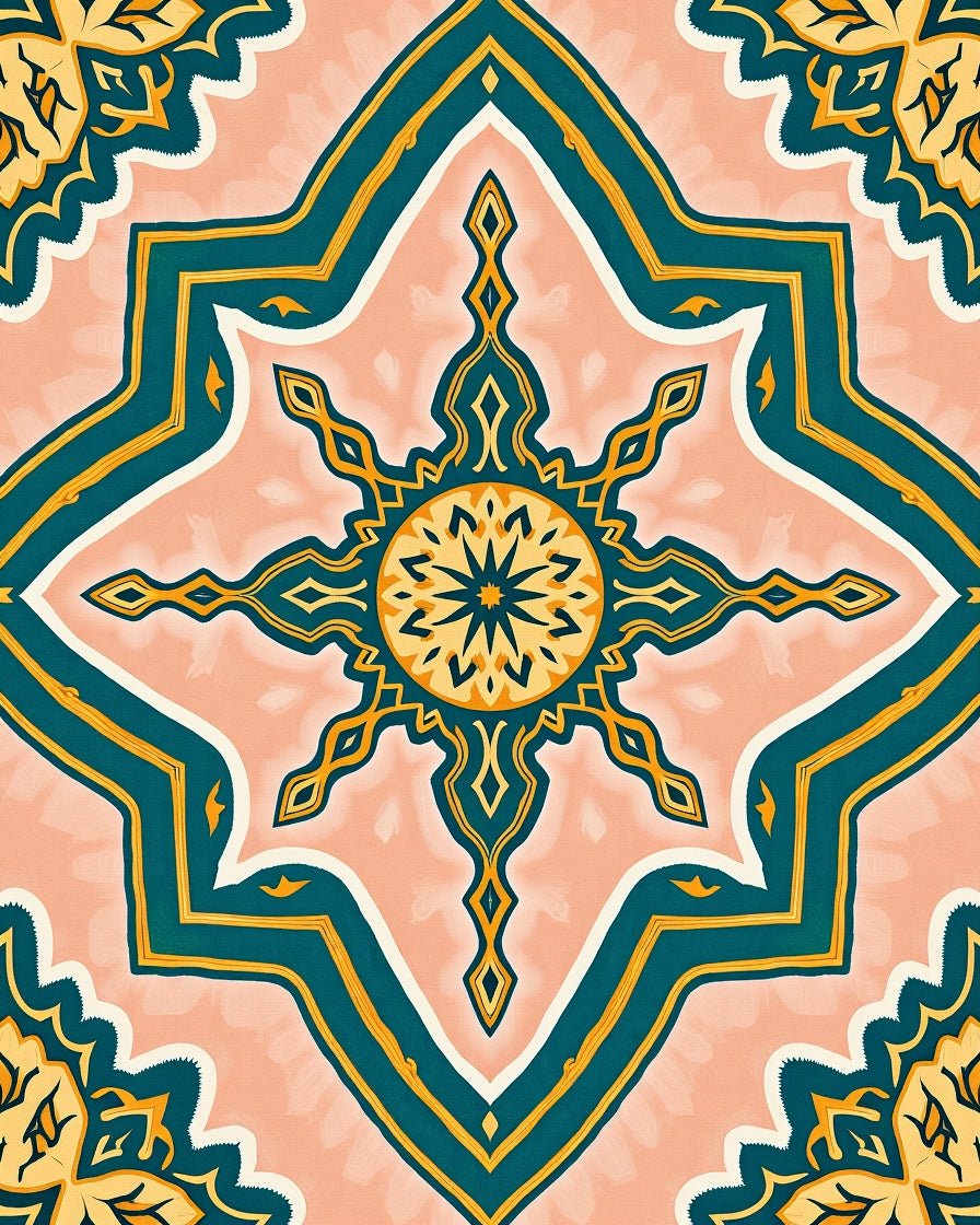 Ornate Teal and Gold Mandala Design Rug