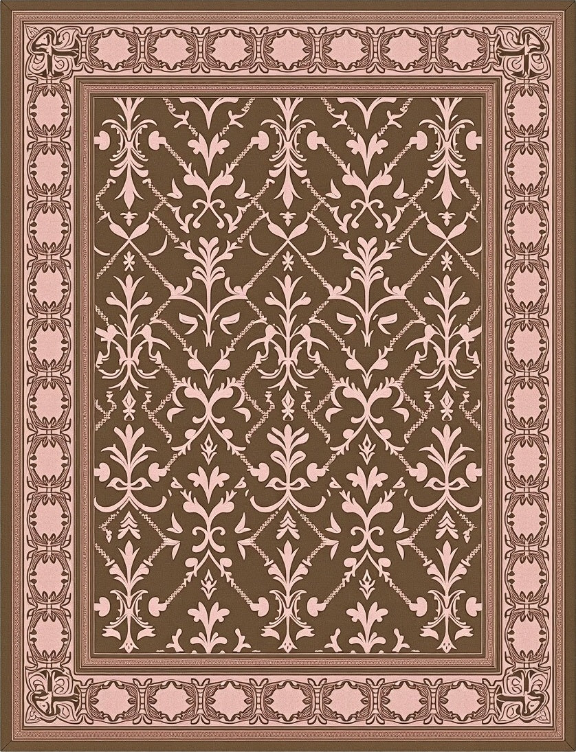 Traditional Damask Patterned Brown Pink Rug