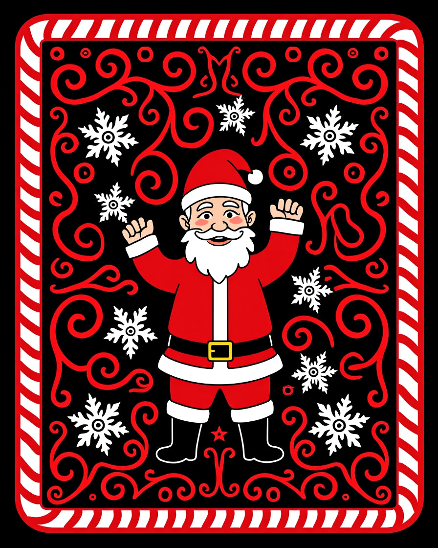 Festive Santa Claus Black Snowflake Swirls Rug