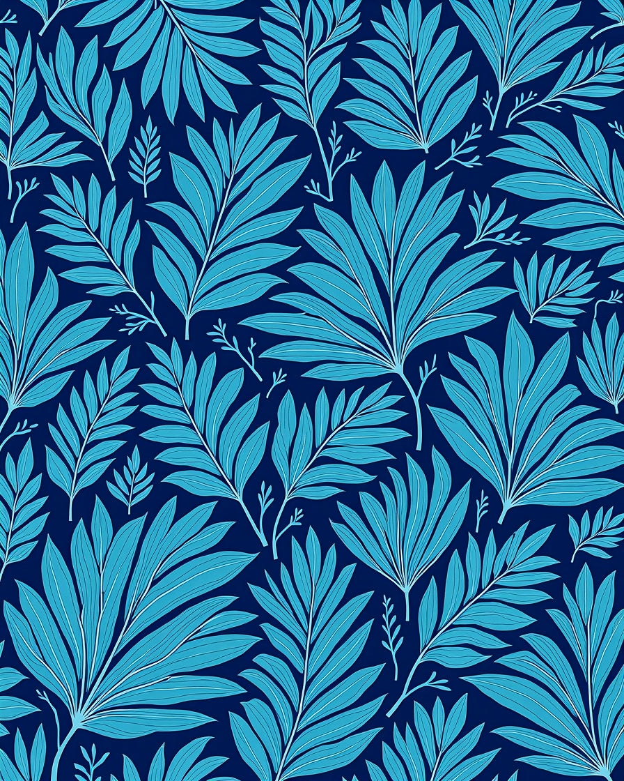 Bold Blue Tropical Leaf Pattern Rug