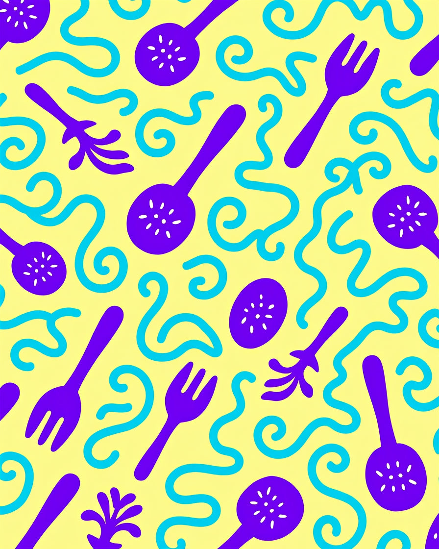 Playful Purple Utensils Swirling Waves Rug