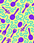 Playful Purple Utensils Swirling Waves Rug