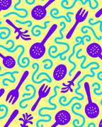 Playful Purple Utensils Swirling Waves Rug