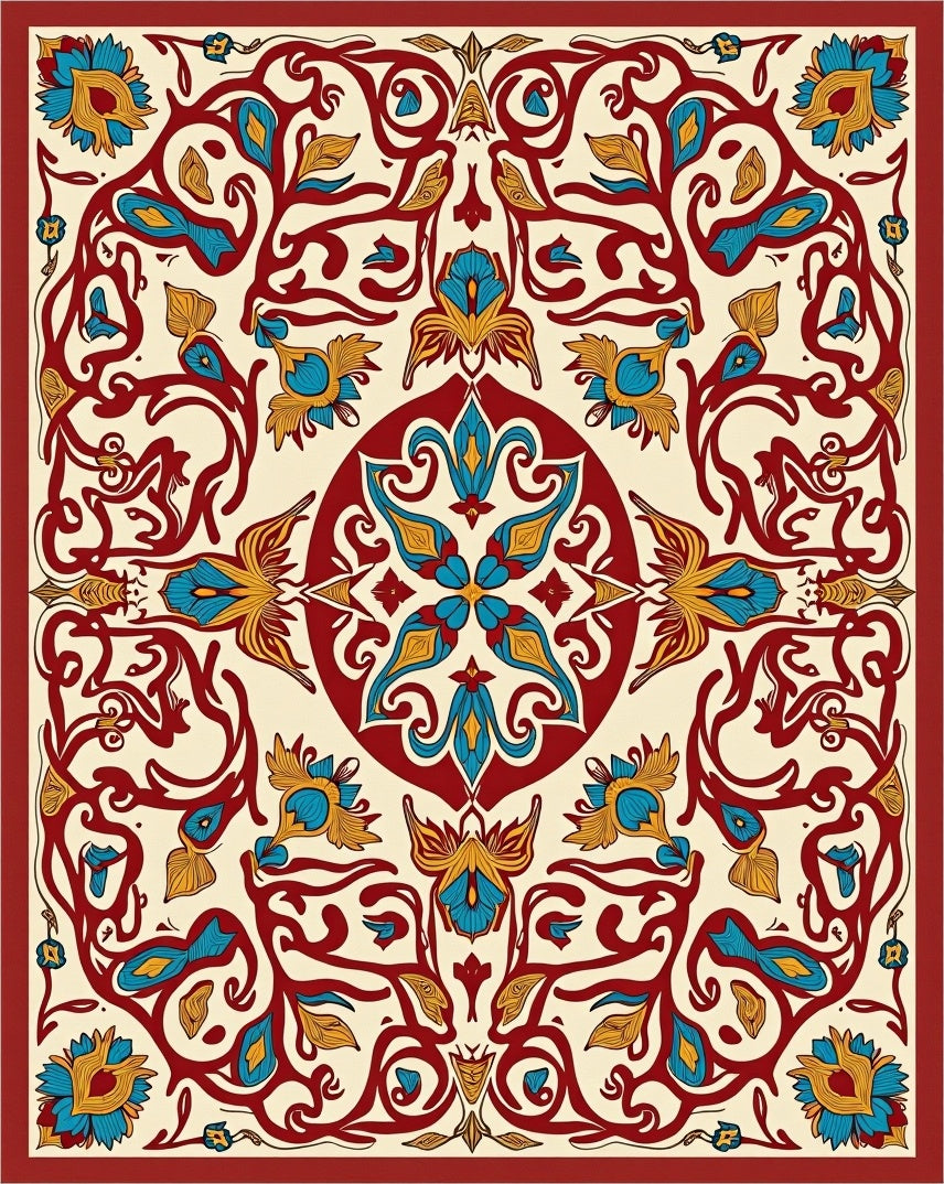 Rich Red Teal Floral Vines Rug