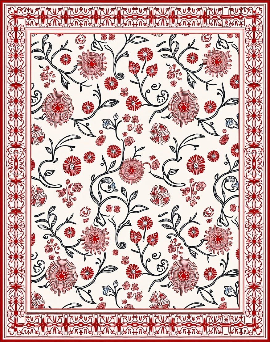Classic Red Floral Vine Pattern Rug