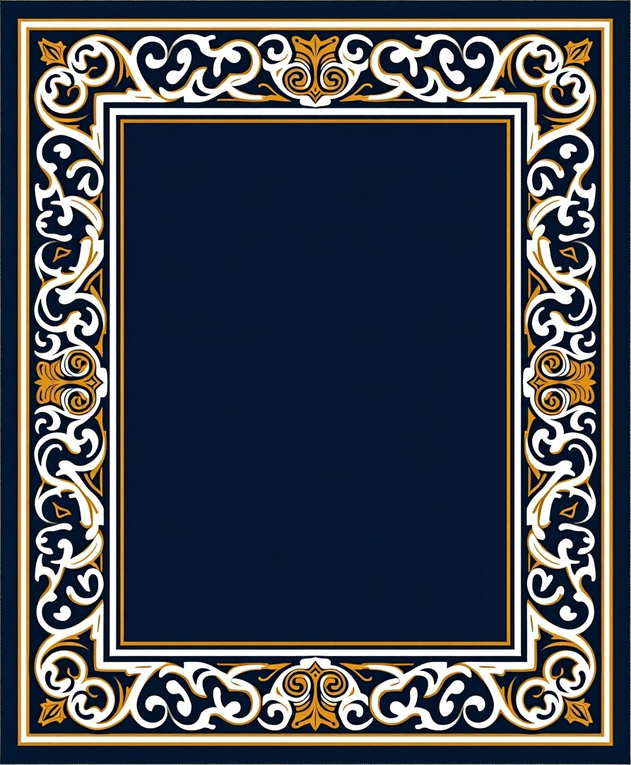 Navy White Gold Scrollwork Frame Rug