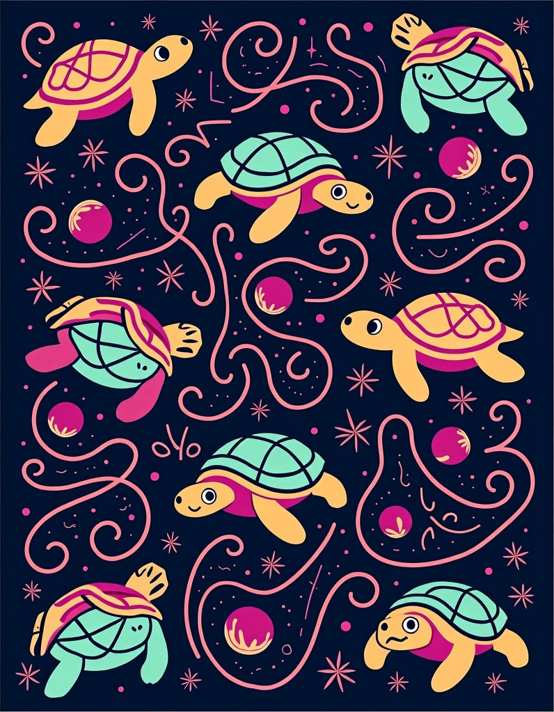 Whimsical Turtle Pattern And Stars Rug