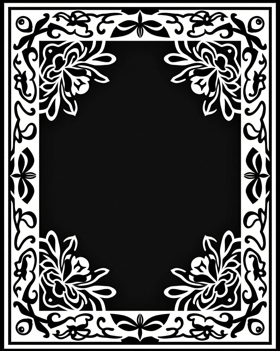 Black White Floral Border Design Rug