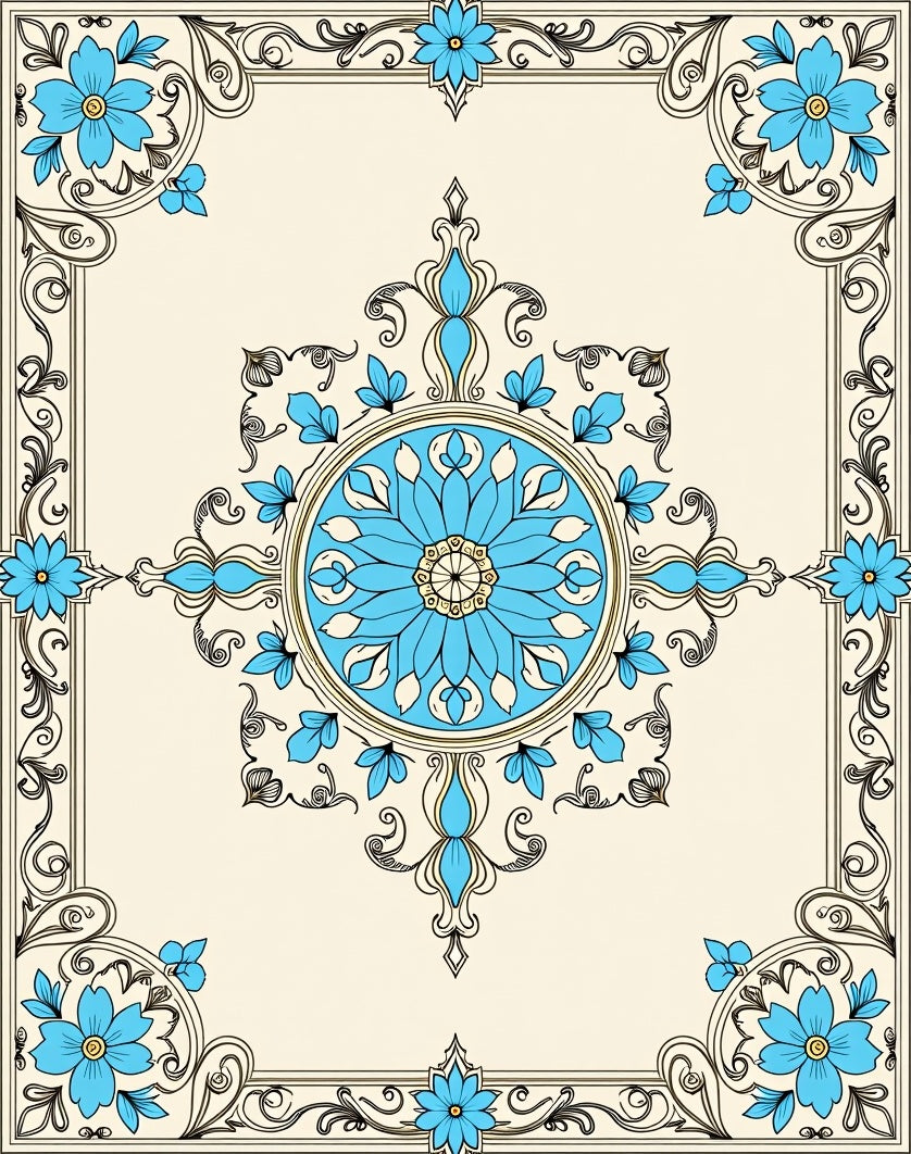 Cream Blue Floral Mandala Garden Design Rug