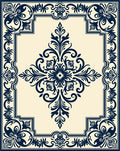 Classic Dark Blue Floral Scroll Border Rug