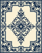 Classic Dark Blue Floral Scroll Border Rug