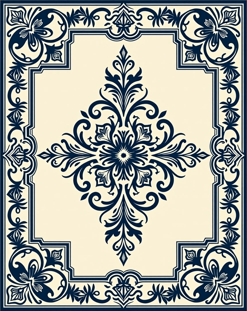 Classic Dark Blue Floral Scroll Border Rug