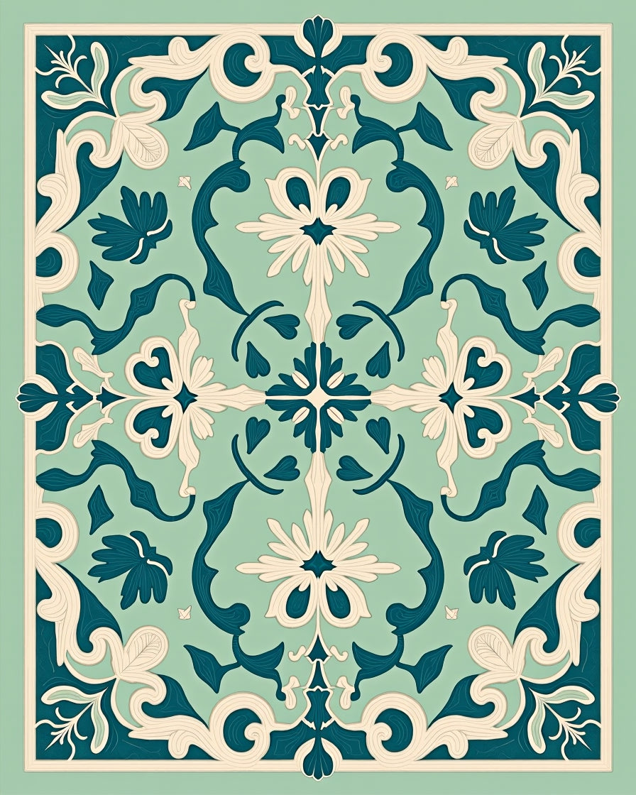 Mint Teal Floral Damask Pattern Rug