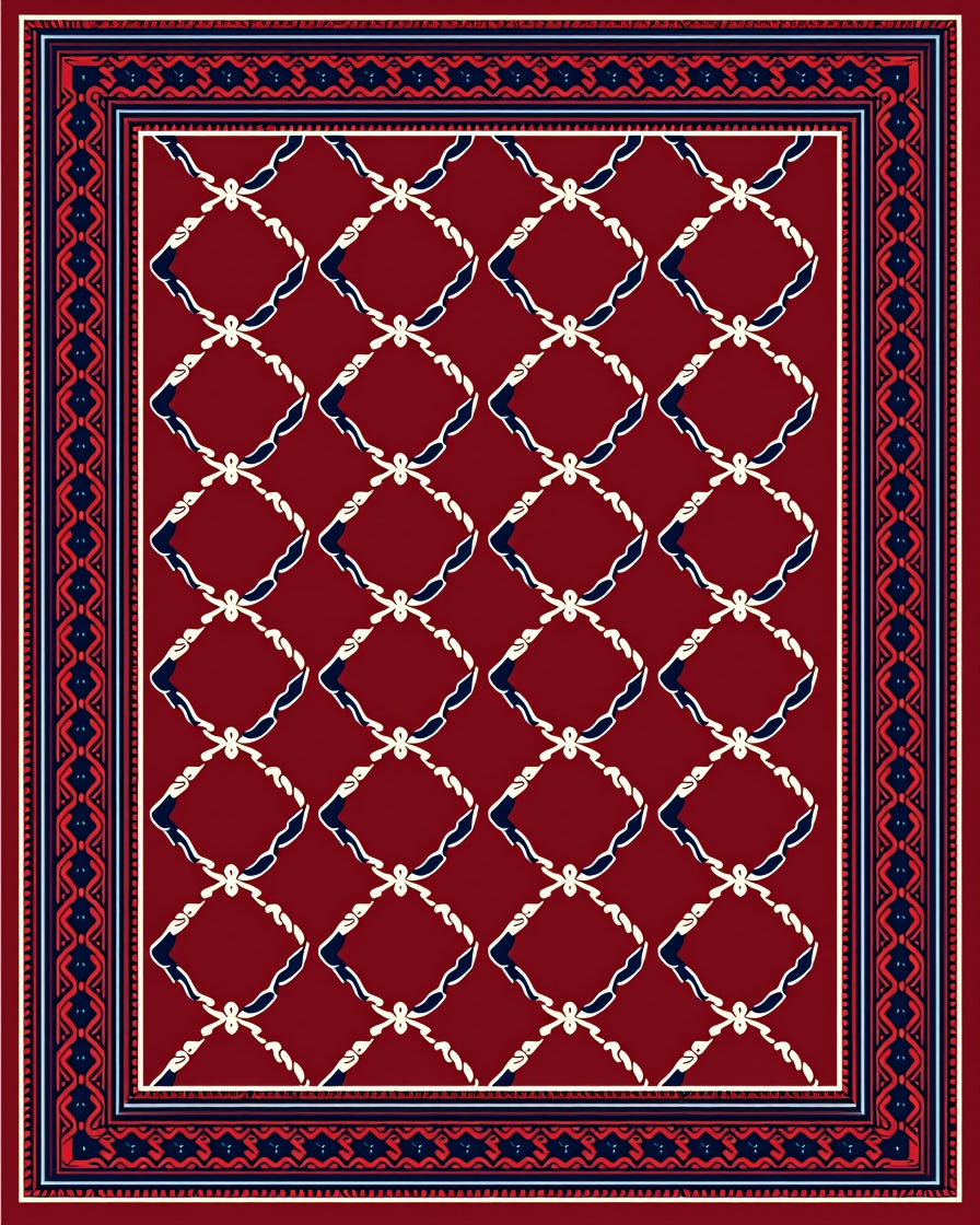 Classic Lattice Burgundy With Blue Trim Rug