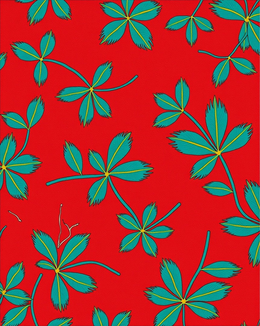 Vibrant Red and Teal Leaf Pattern Rug