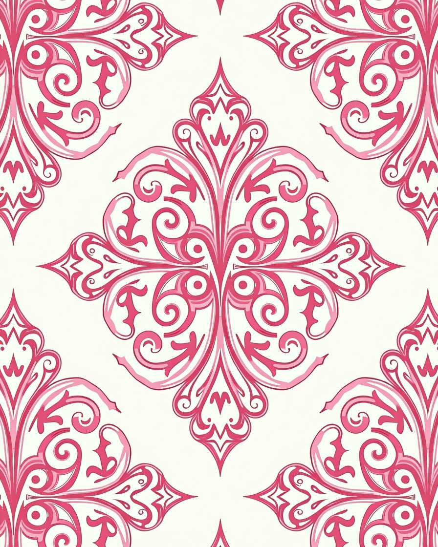 Ornate Pink Floral Scroll Pattern Rug
