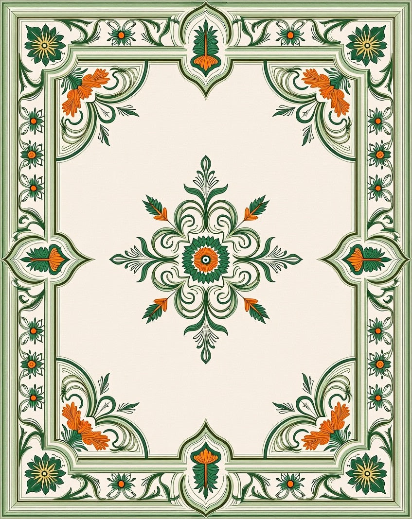 Ornate Green Floral Scrollwork Rug
