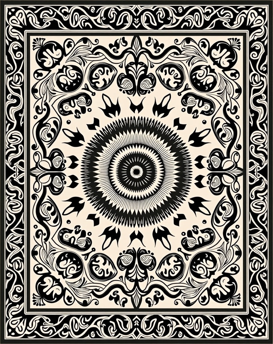 Black White Ornate Mandala Design Rug