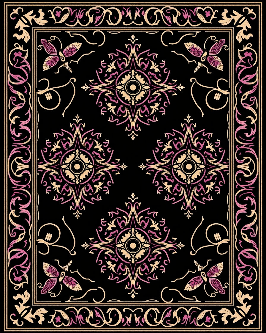 Ornate Black Floral Butterfly Medallions Rug