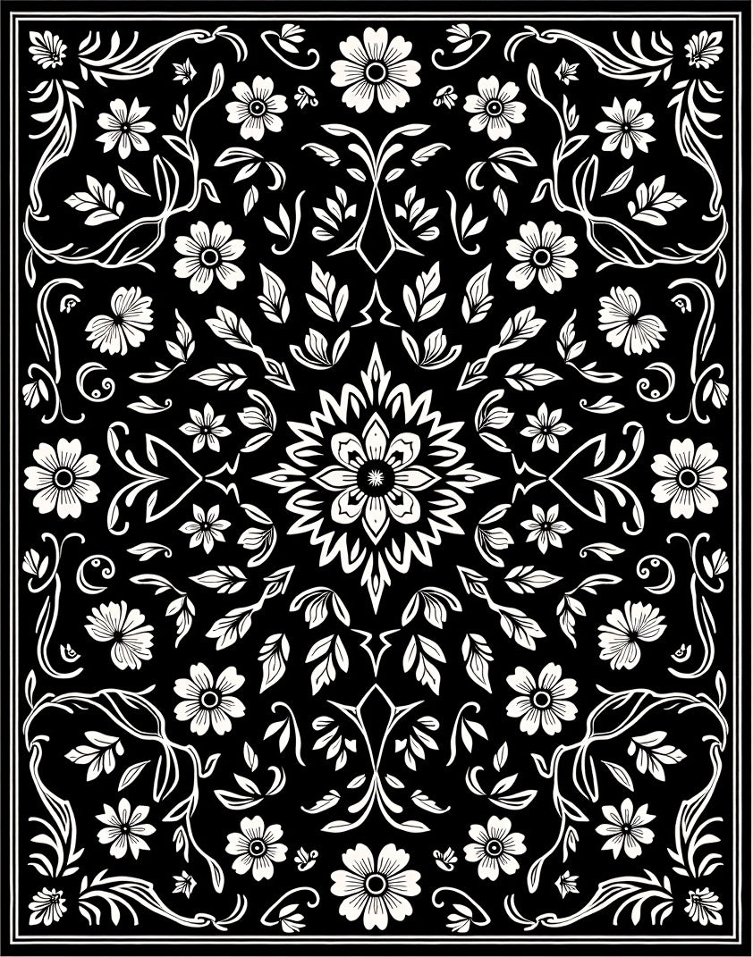 Classic Floral Vine Black White Pattern Rug