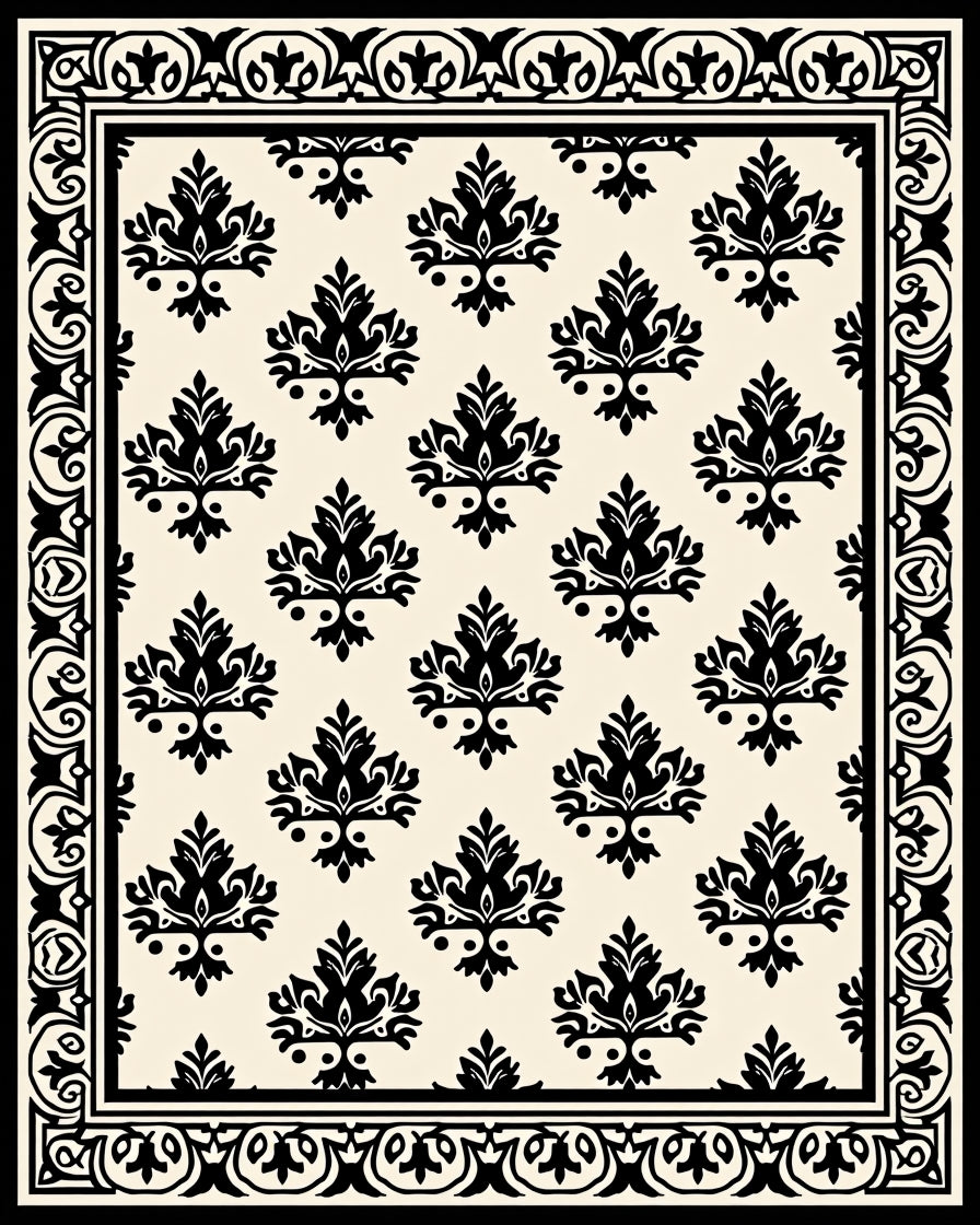 Classic Black Damask Floral Design Rug