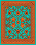 Orange Floral Swirl Patterned Teal Rug