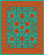 Orange Floral Swirl Patterned Teal Rug