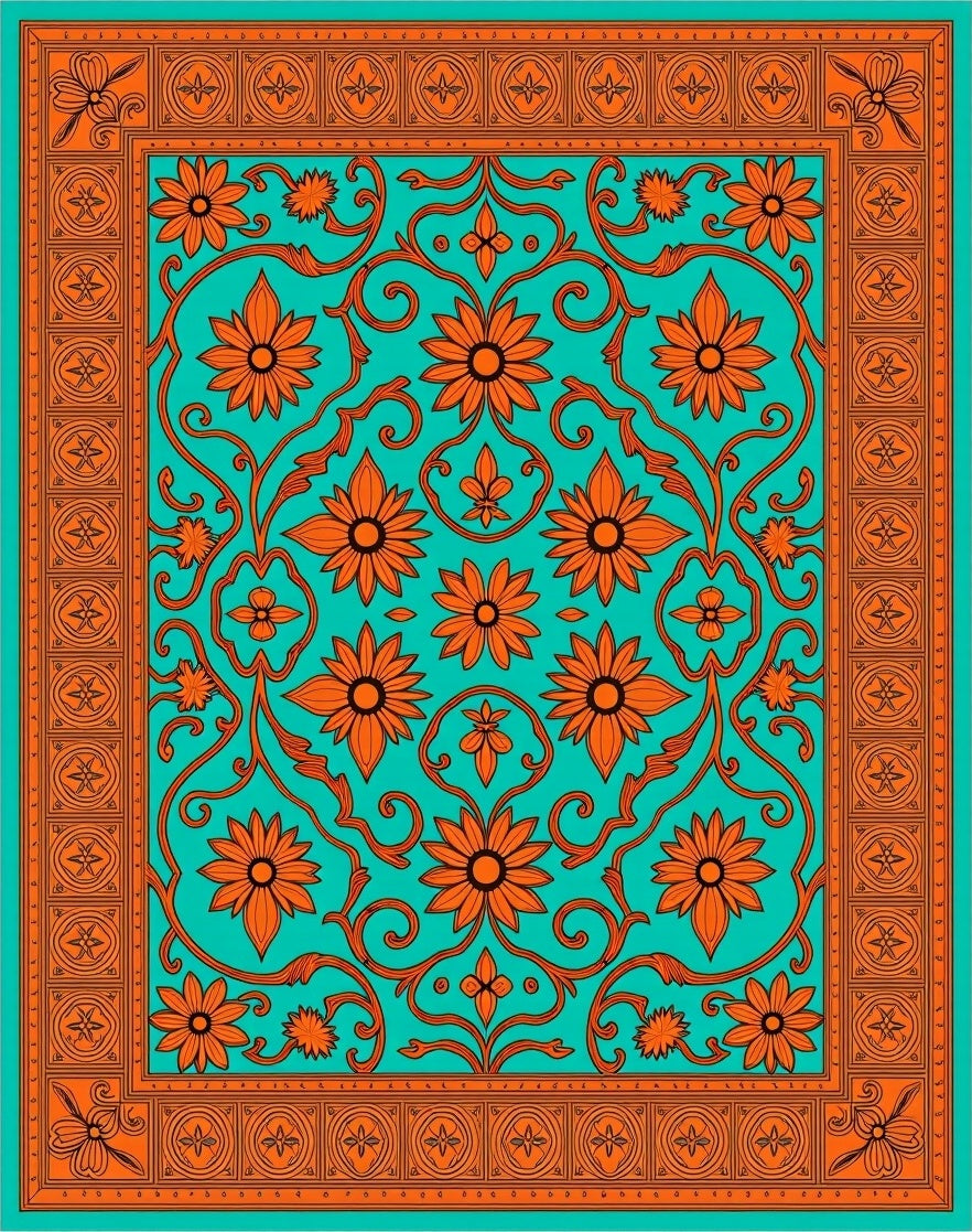 Orange Floral Swirl Patterned Teal Rug