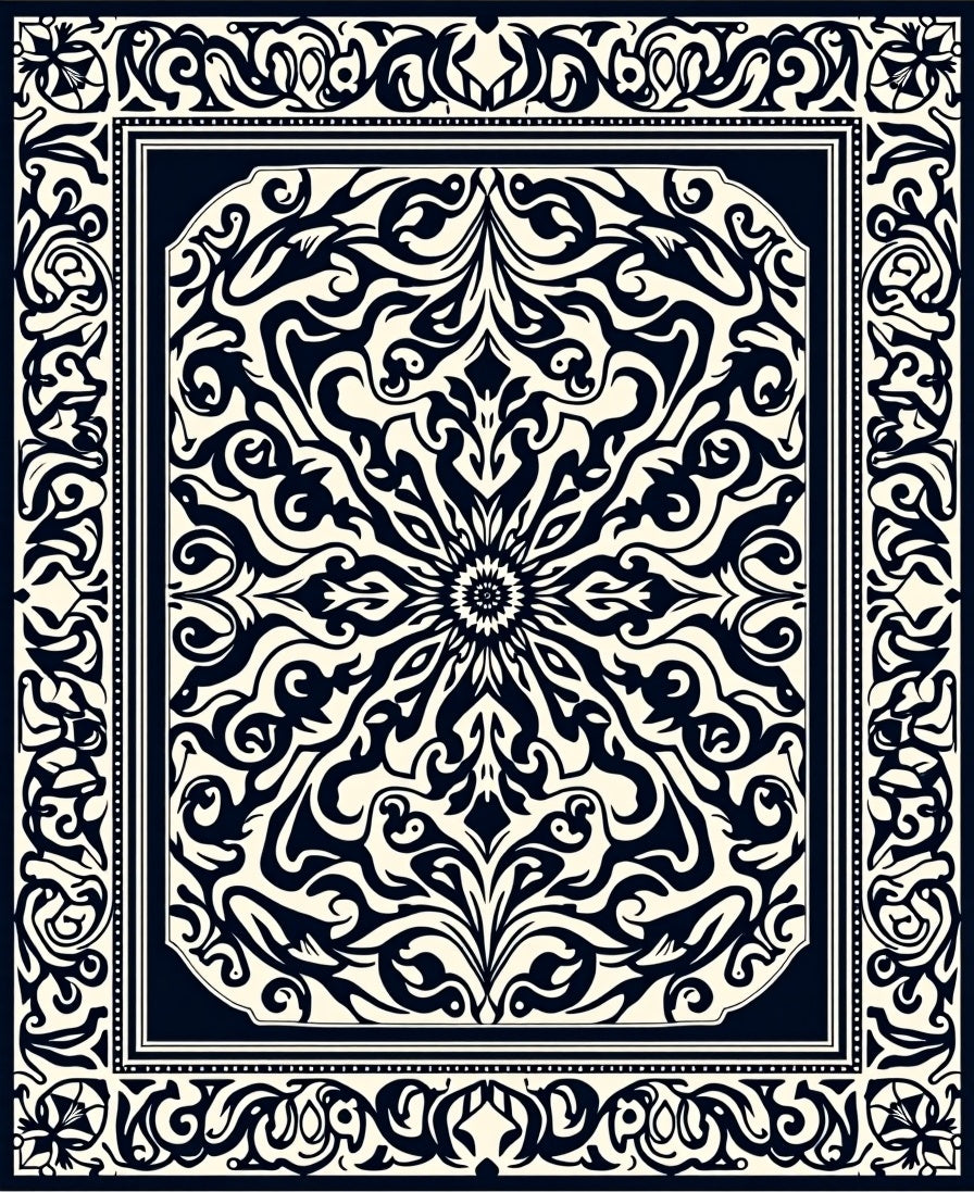 Ornate Black Cream Floral Mandala Rug