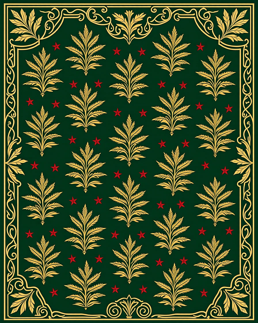 Emerald Green Golden Leaf Red Star Rug