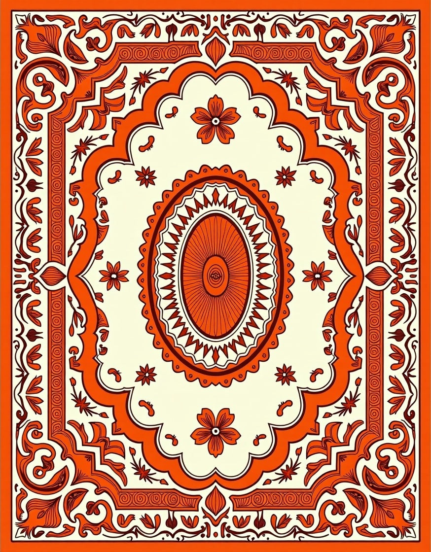 Ornate Orange Floral Medallion Frame Rug