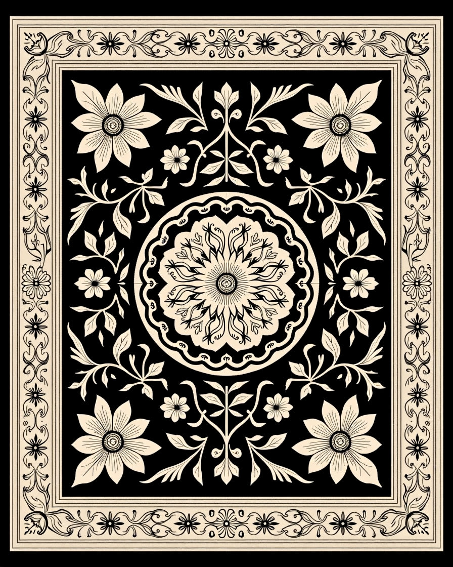 Black Cream Floral Medallion Pattern Rug