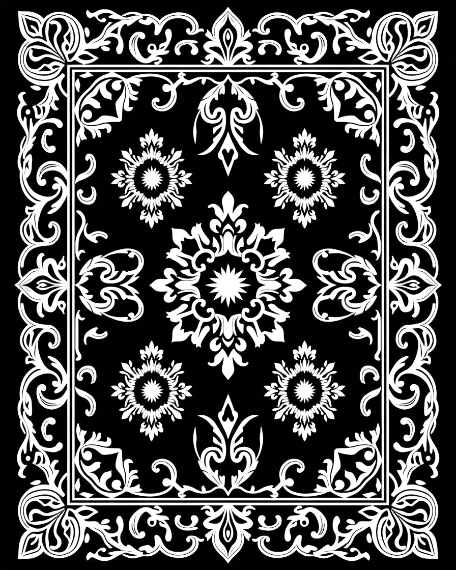 Intricate Floral Scroll Frame Pattern Rug