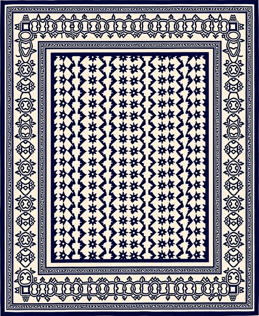 Classic Navy Starburst Geometric Border Rug