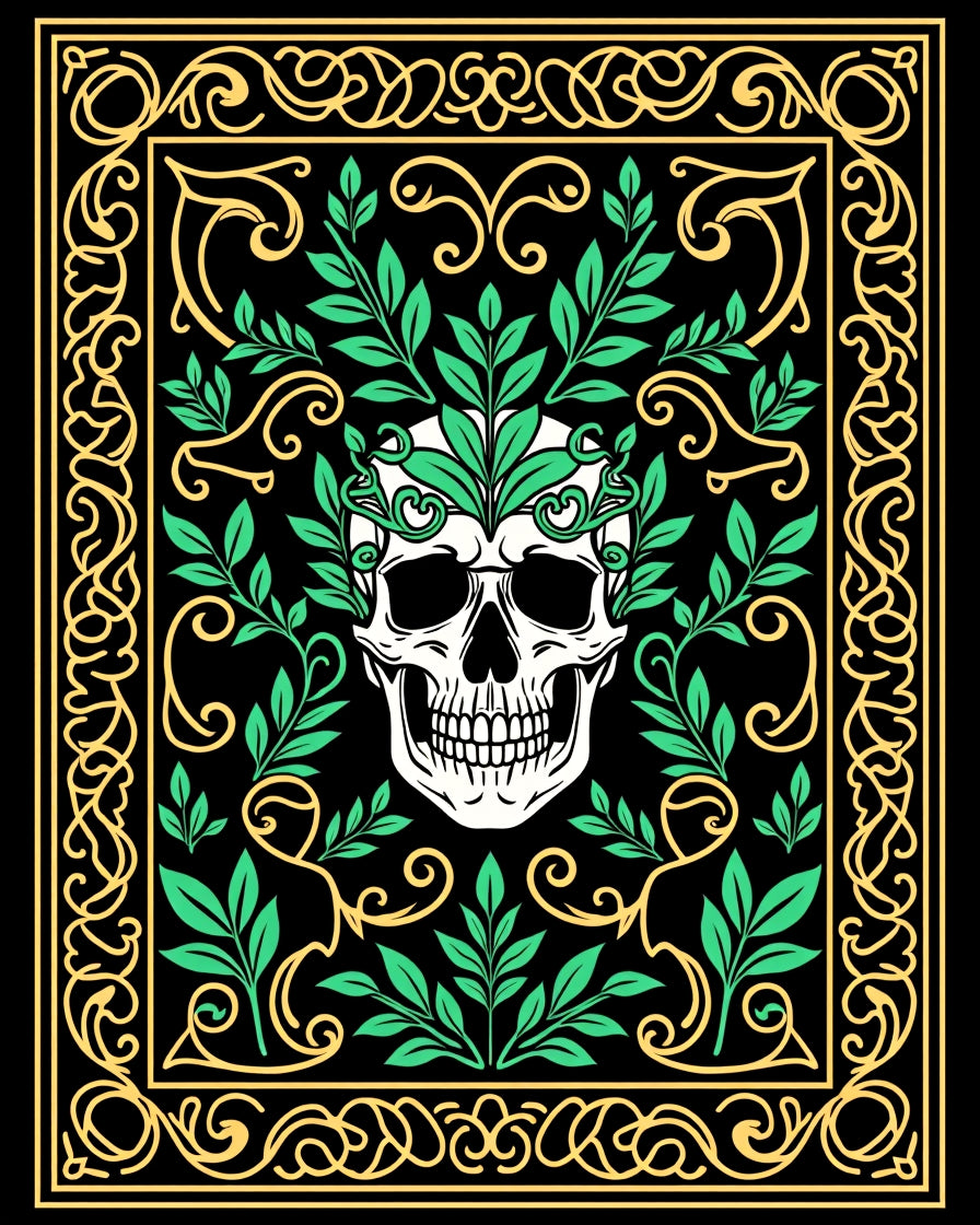 Spooky Skull Green Leaf Border Rug
