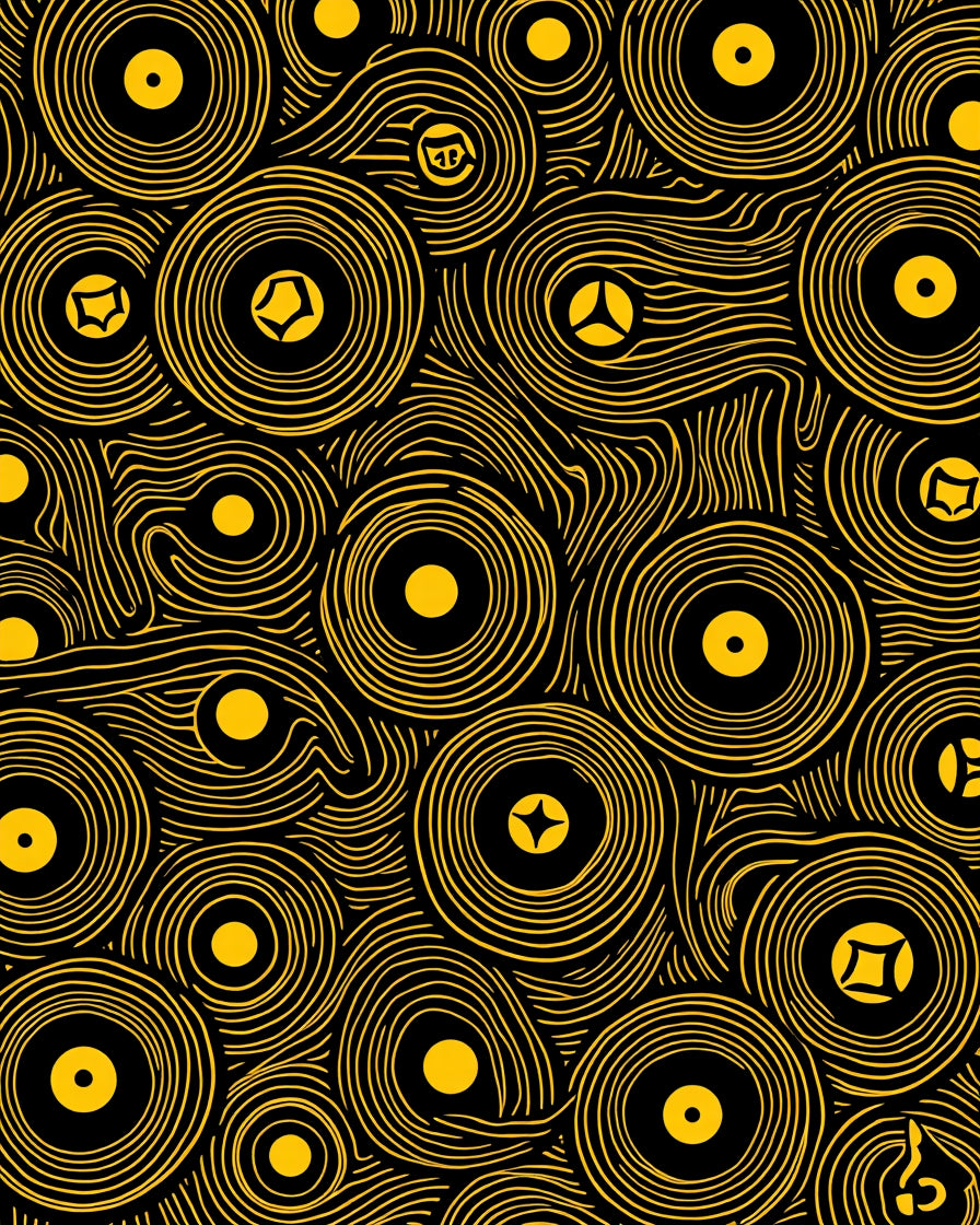 Yellow Circular Pattern In Black Rug