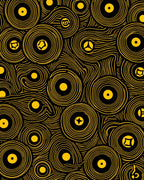 Yellow Circular Pattern In Black Rug