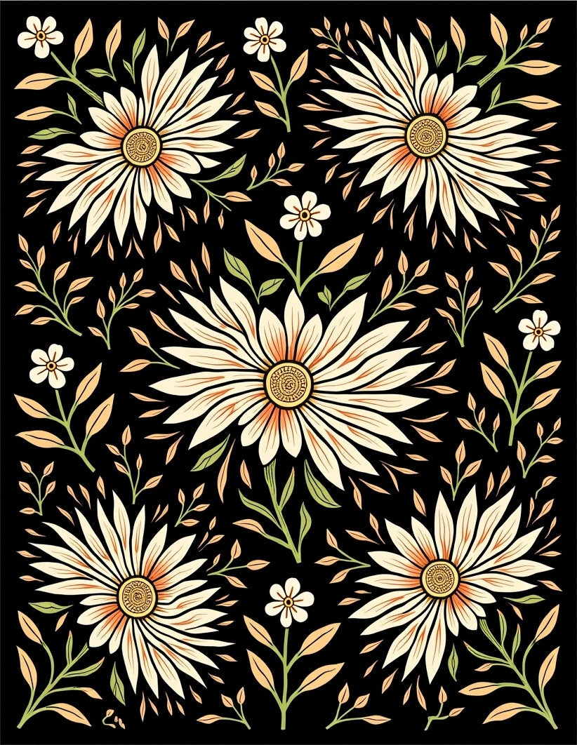 Black Floral Daisy Pattern Rug