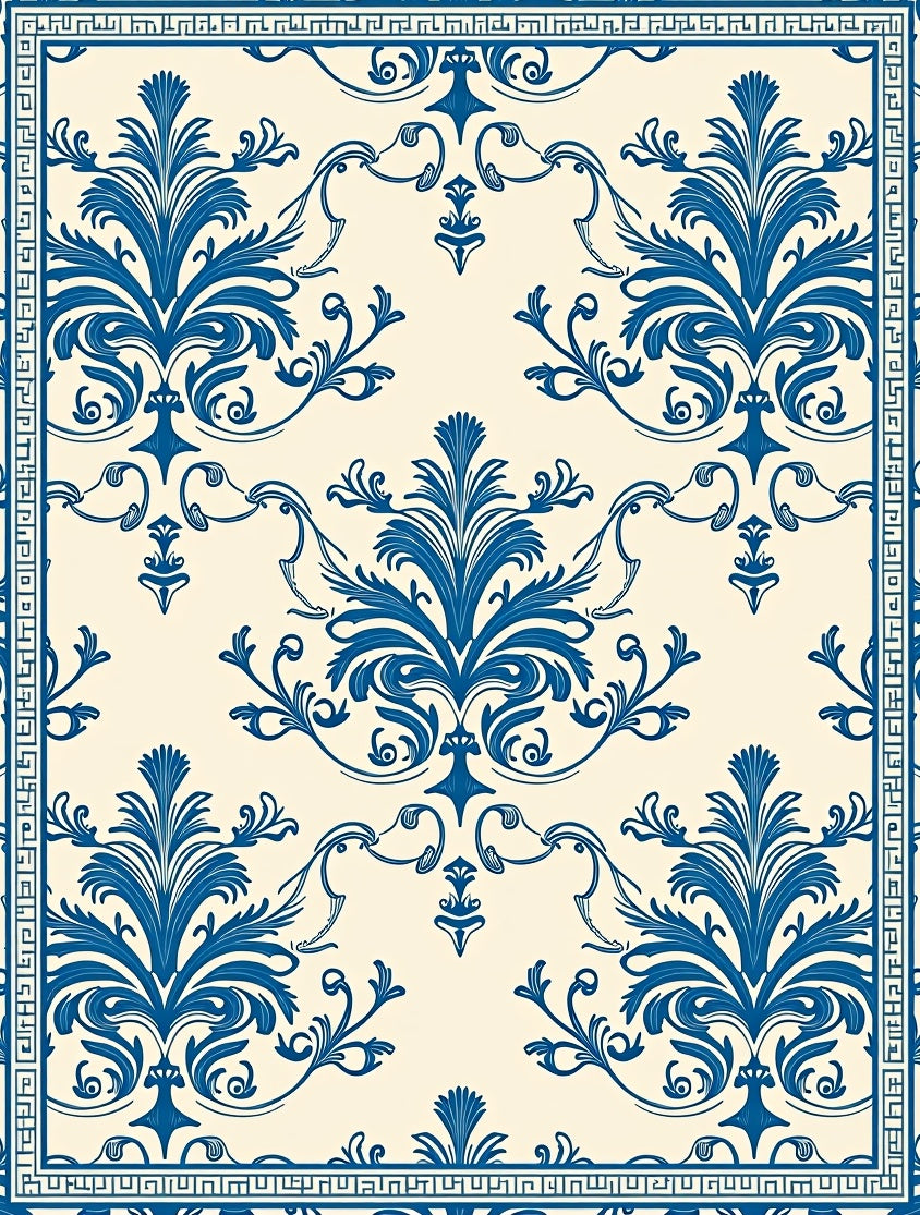 Classic Blue Floral Damask Design Rug