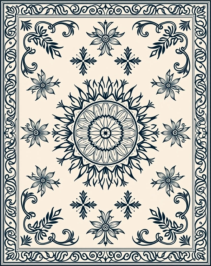 Ornate Floral Mandala Border Rug