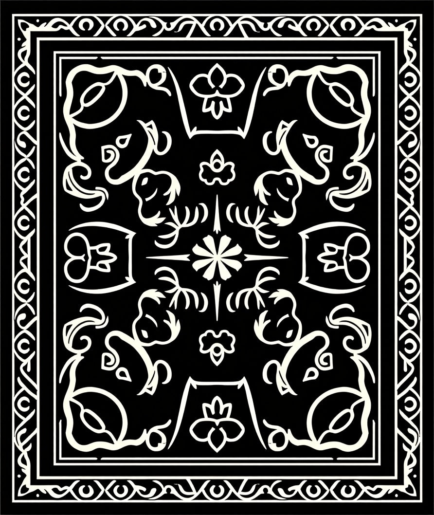 Black White Outline Floral Pattern Rug