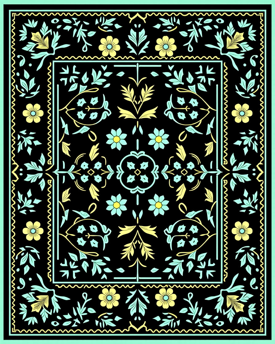 Black Yellow Floral Vine Rug