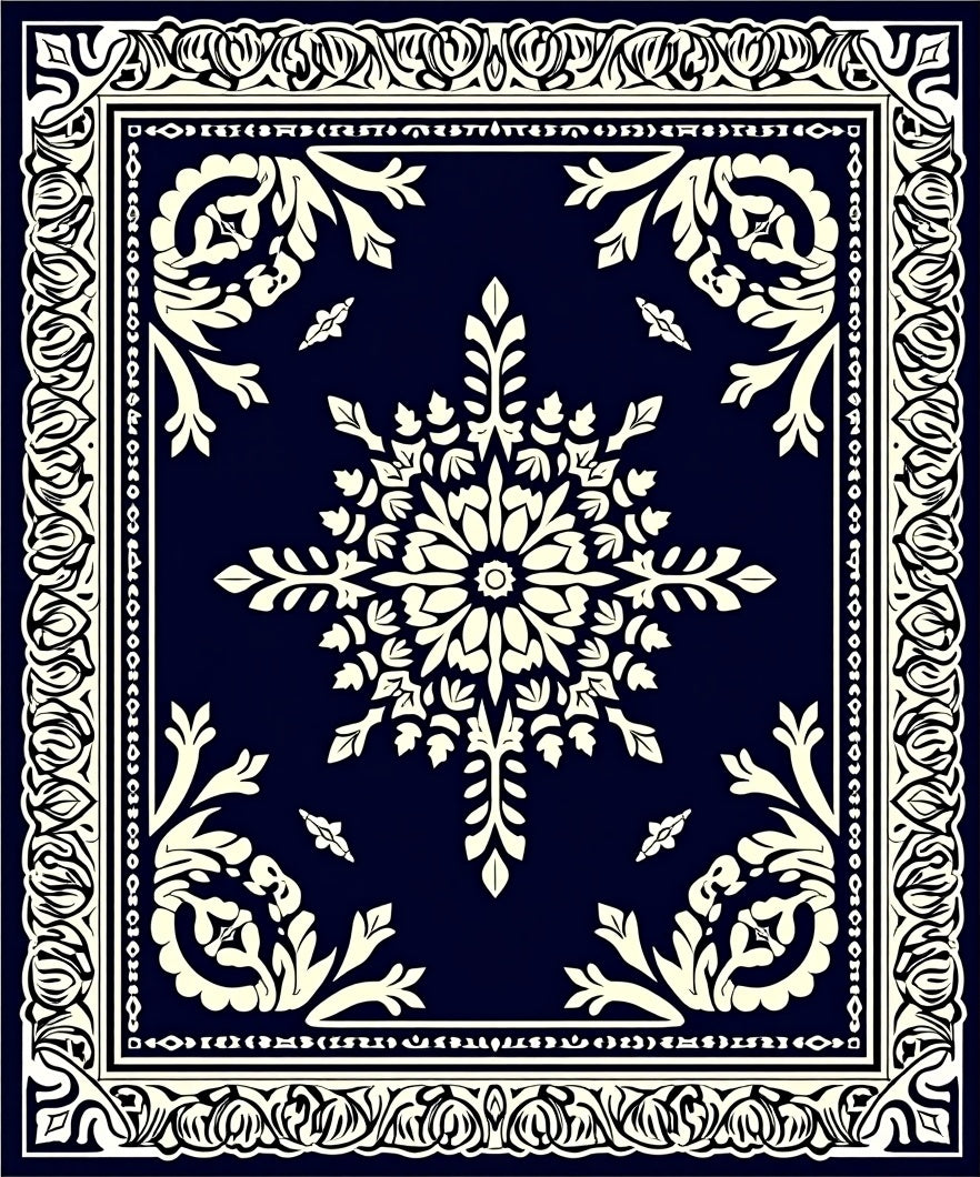 Antique Navy Cream Floral Medallion Pattern Rug