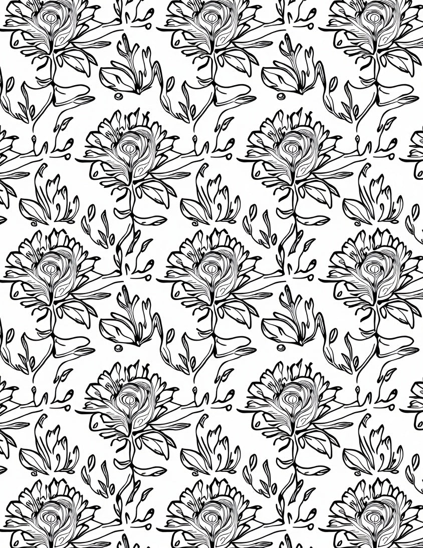 Classic Floral Black White Line Art Rug