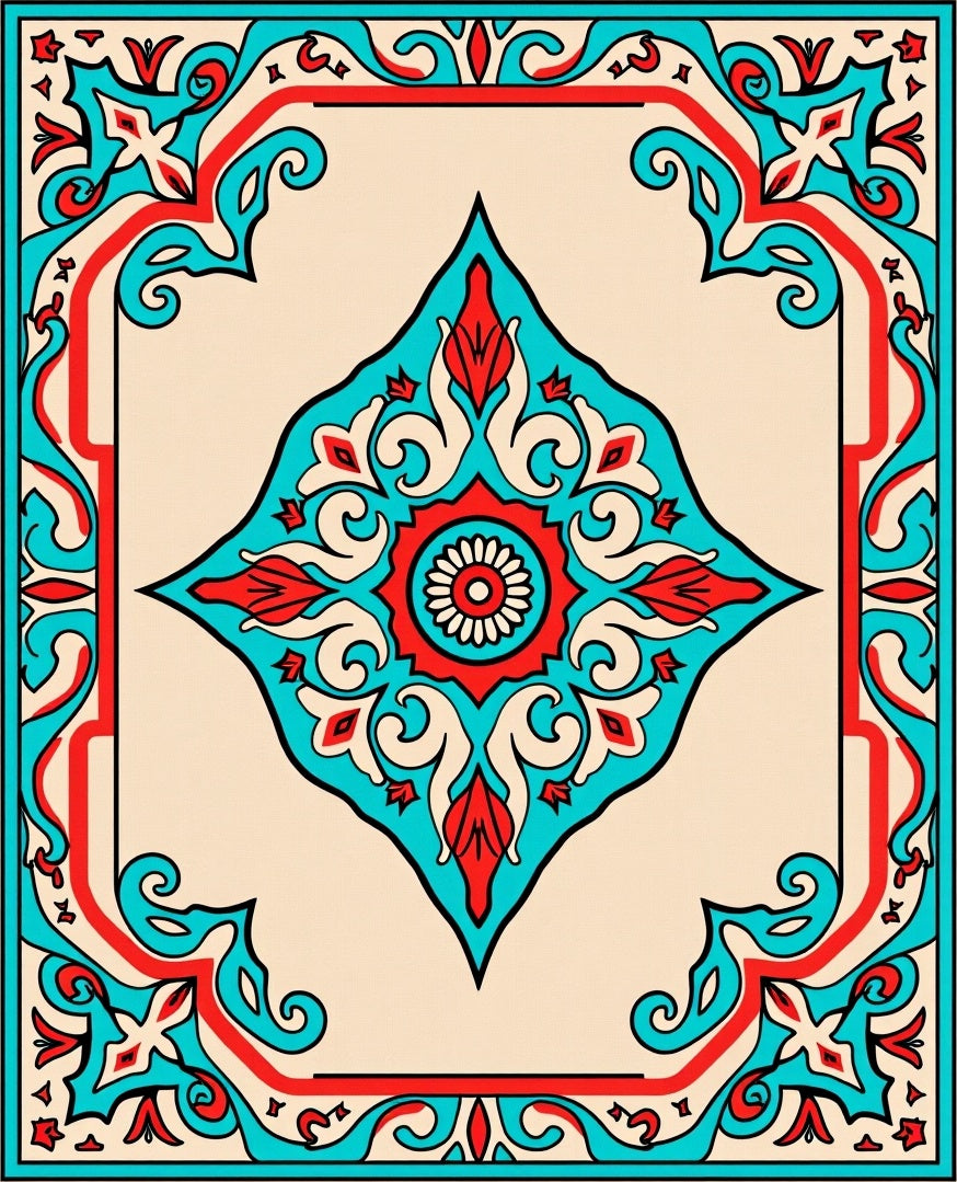 Ornate Teal Red Floral Diamond Rug