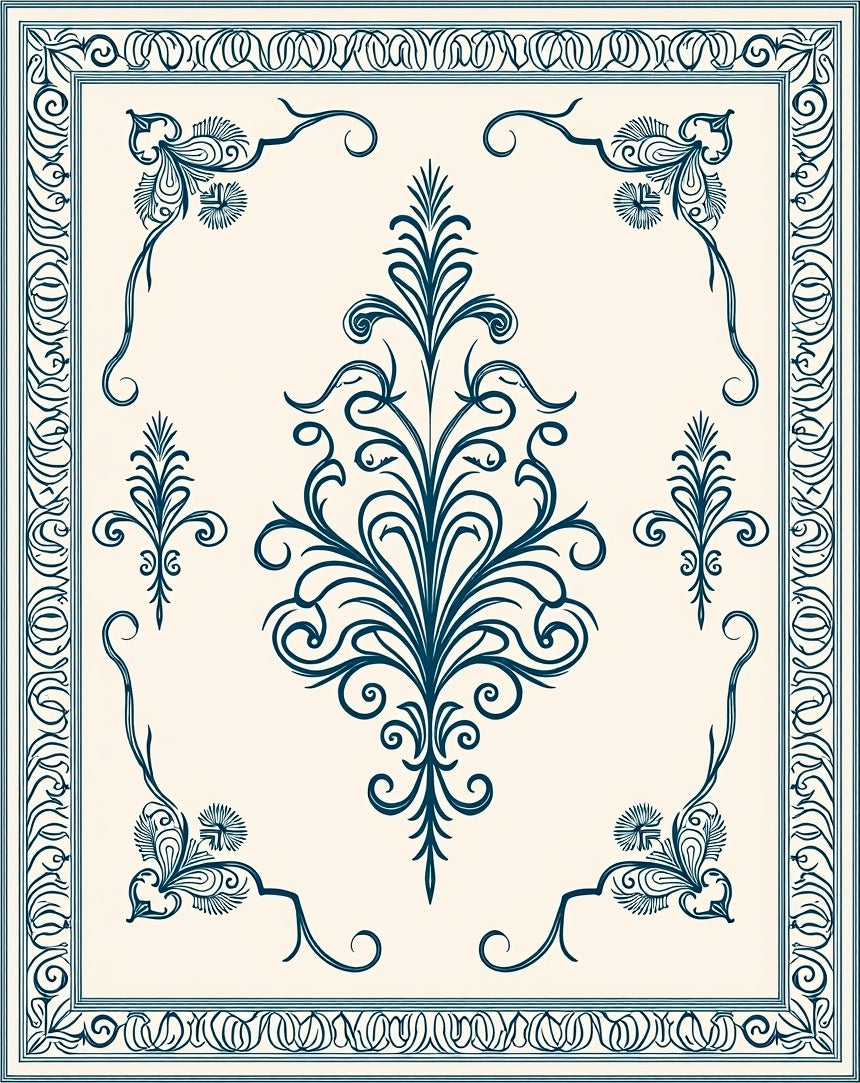 Ornate Teal Floral Vine Border Design Rug