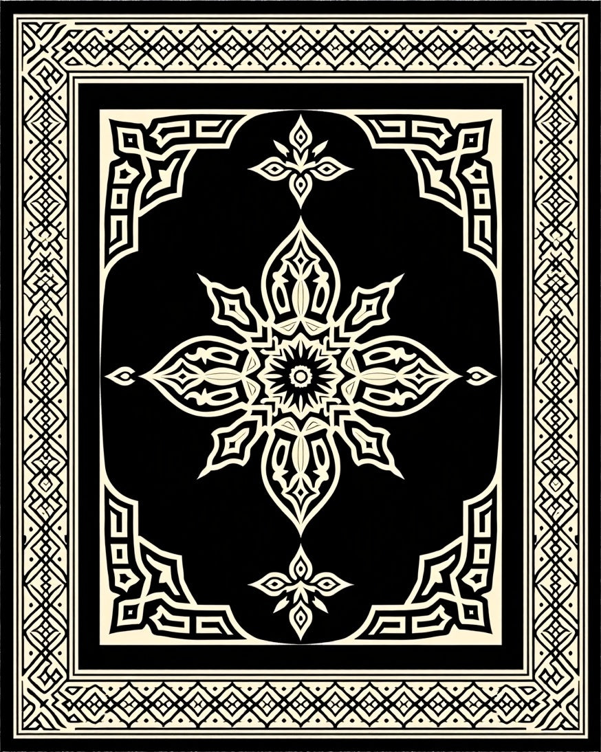Elaborate Black Ivory Floral Mandala Rug