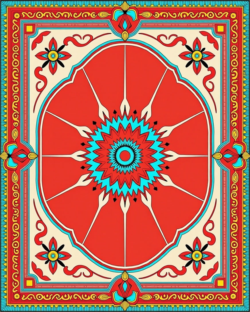 Vibrant Red Radial Floral Pattern Rug